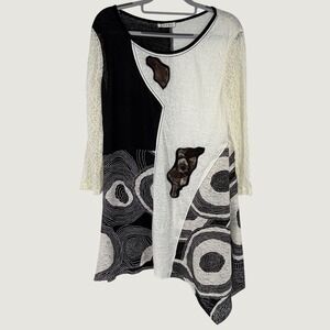 ADORE Women Black White Abstract Lagenlook Tunic‎ Dress Lace Sleeve Asymmetrical